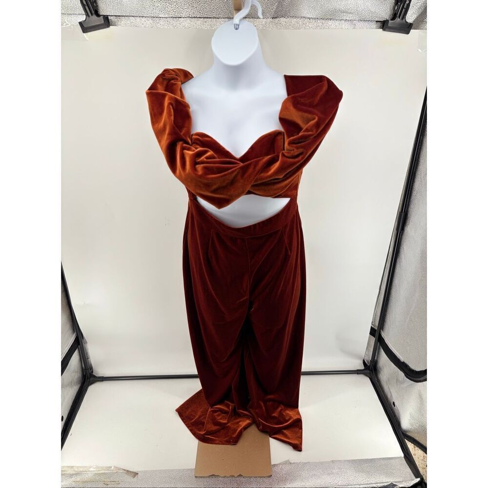 ASOS Design Rust Velvet Off Shoulder Cutout Wide Leg Jumpsuit Size 10